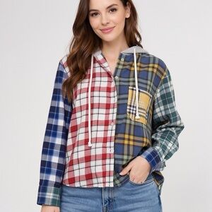 American Eagle Outfitters Multicolor Plaid Button Down Shirt with Hood